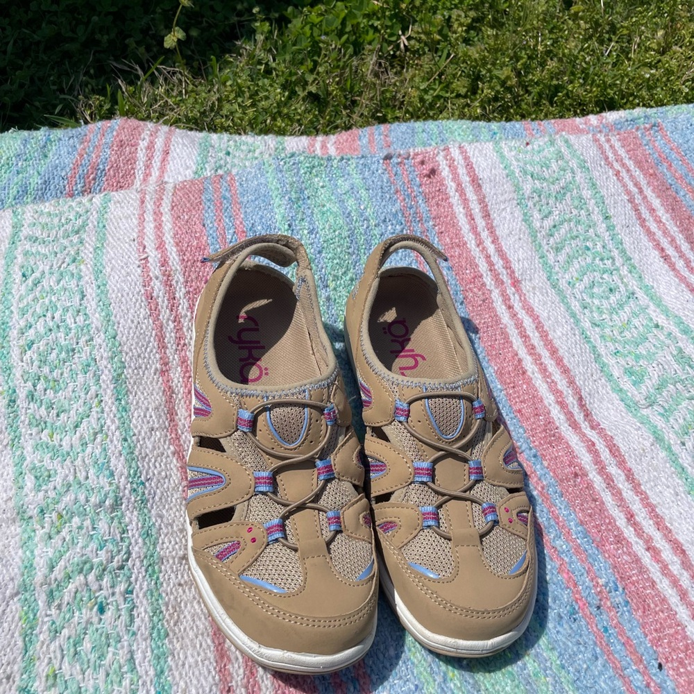Hula Ryka Velcro Adjustable Slip On Sandal Sneakers - Tan w/ Pink & Blue Accents